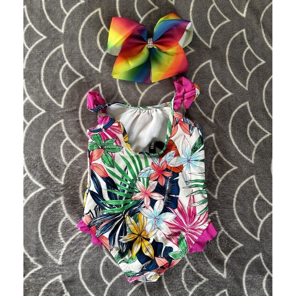 Ellen Tracy Tropical 1-Pc Swim Bathing Suit Sz 4T + Pumpkin Beach Ball + Bow